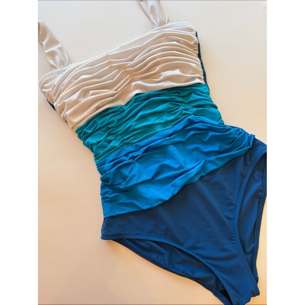 Bleu Ruched Ombre One-Piece Swimsuit in Blue White Tones Tummy Control